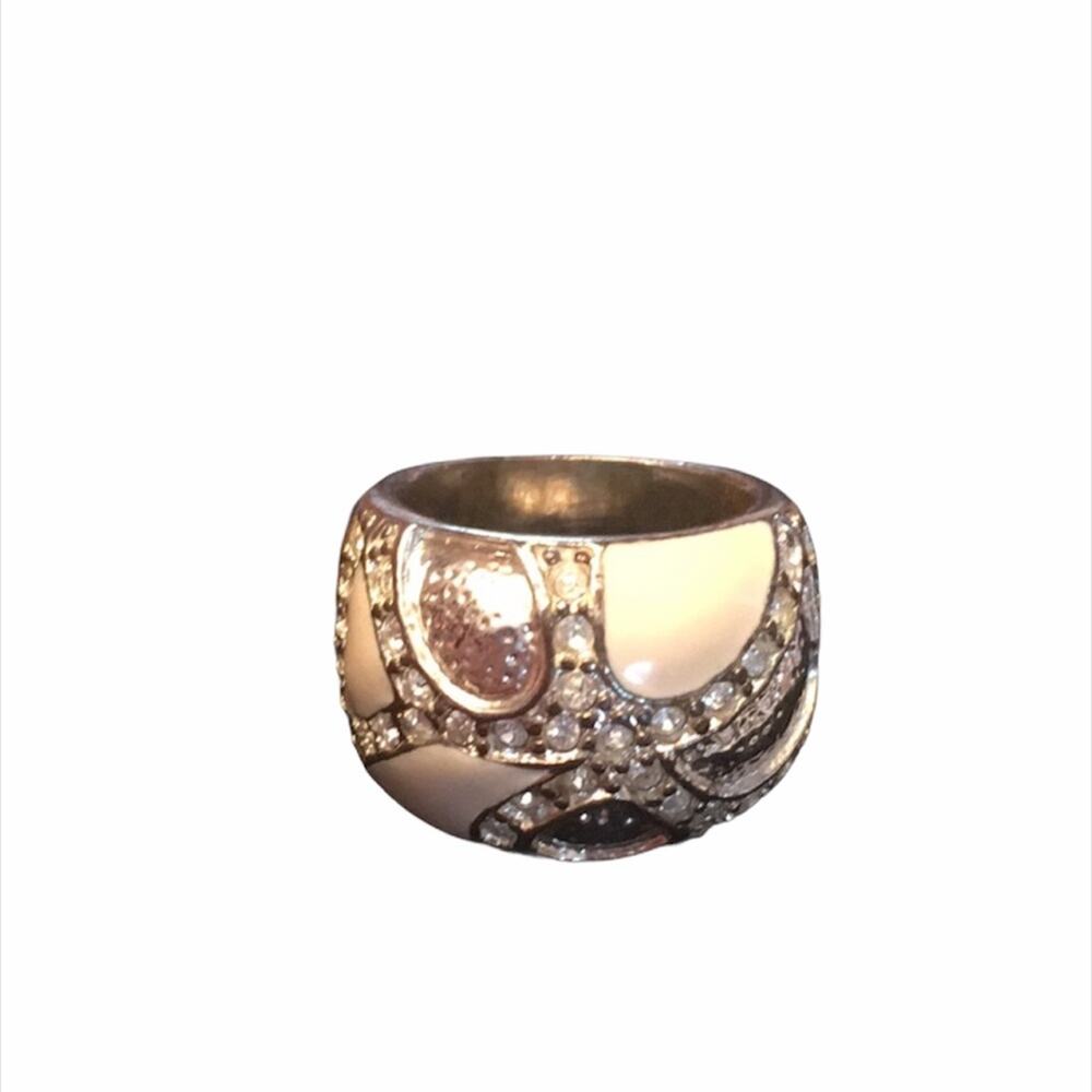 Rhinestone Ring, Silver Toned, Cream, Size 4.25